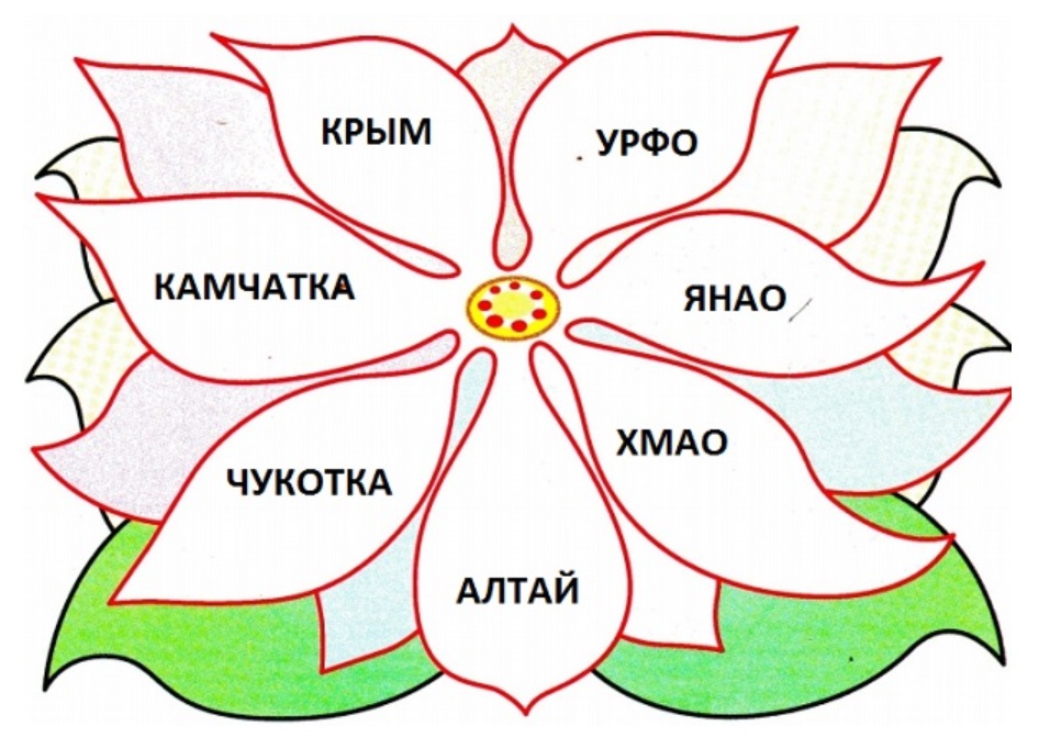 Представь союз. Союз разных частей России. На лепестках цветка название частей России. Части России в образе волшебного цветка. Союз разных частей России в образе цветка.